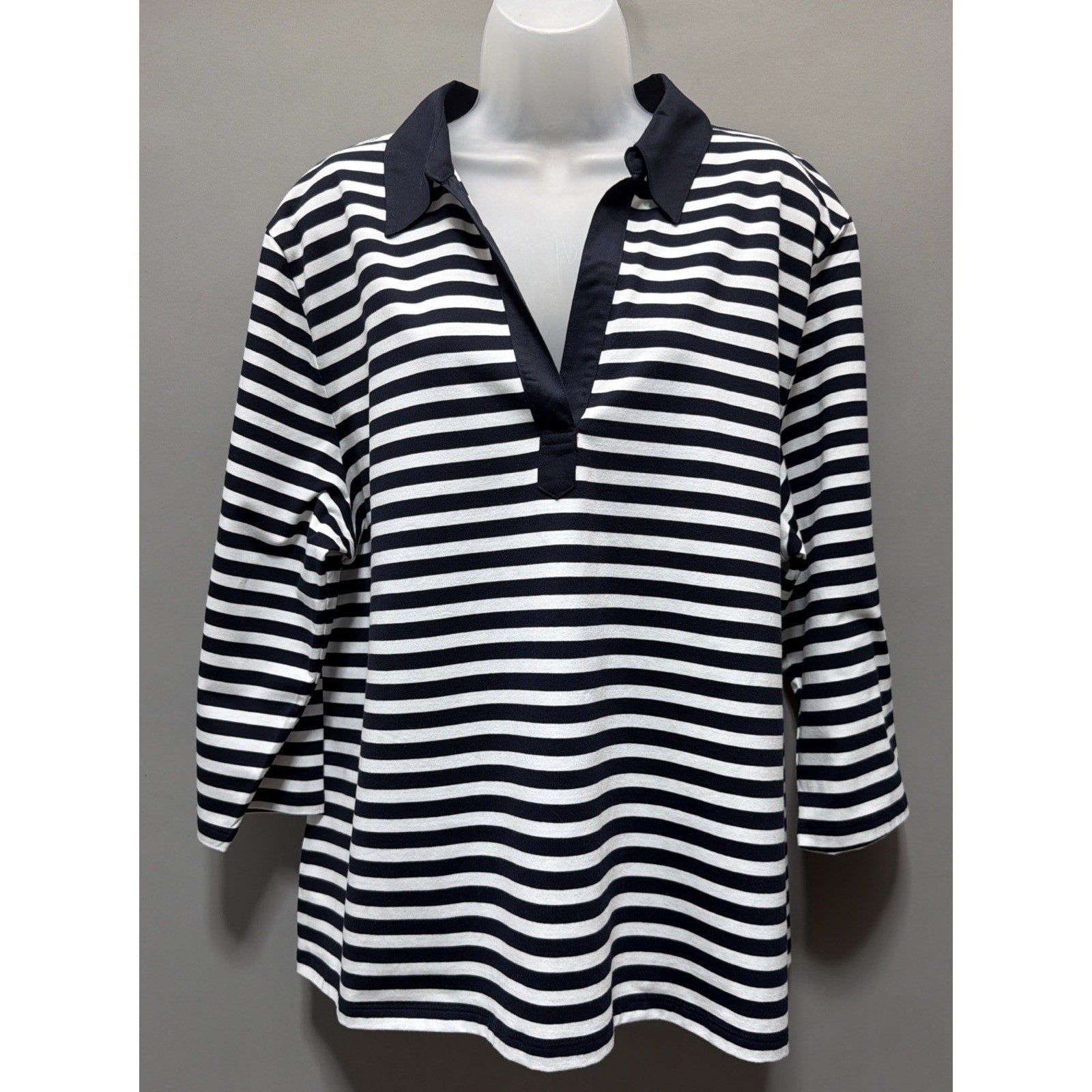 New Talbots White/Navy Blue Striped Johnny Collar Long Sleeve Top Plus Size 3X