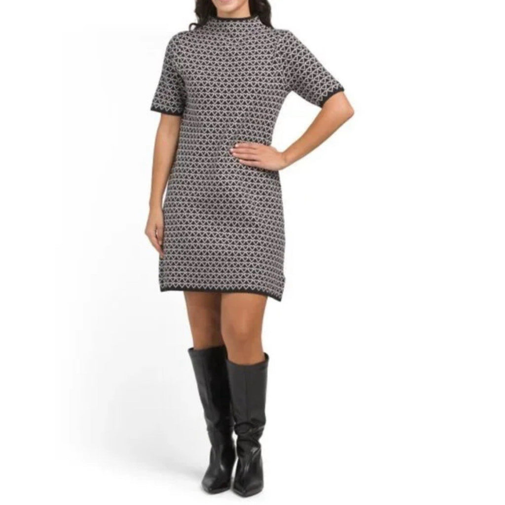 Nicole Miller Geo Print Black White Short Sleeve Sweater Dress Size Small NWT