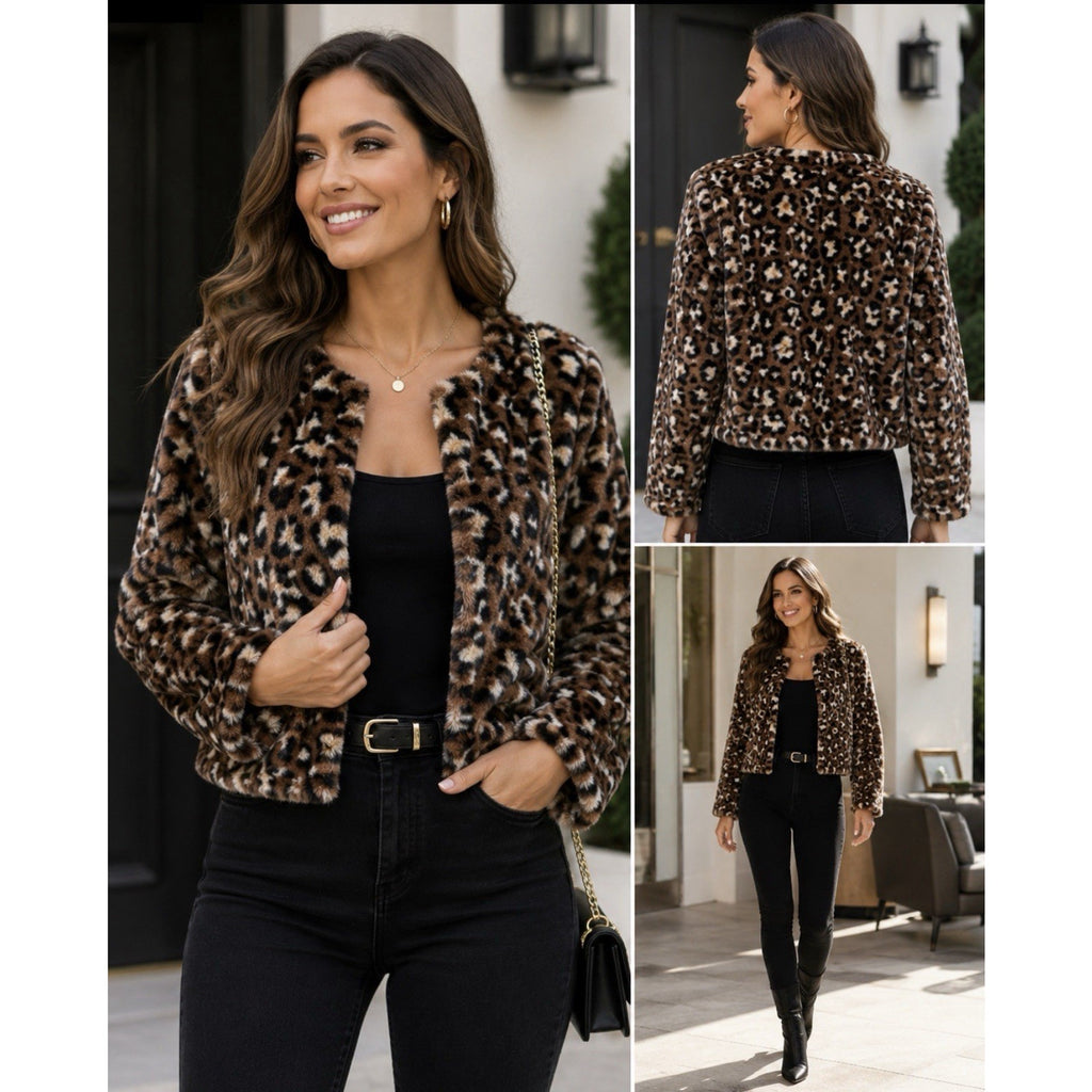 I.N. San Francisco Leopard Faux Fur Jacket Womens L Open Front Crop NWT Soft
