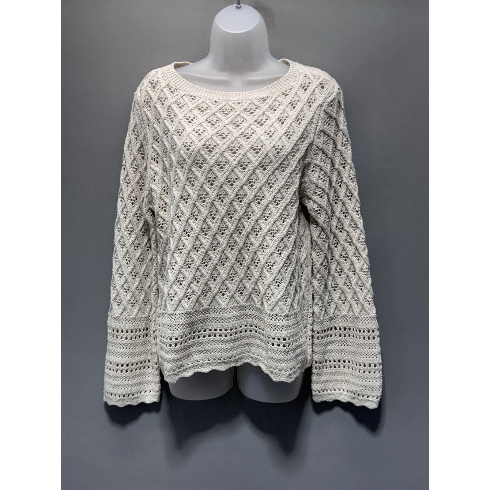 LOFT Women’s Large Cream Open Knit Sweater Bell Sleeve Boho Cotton Blend NWT