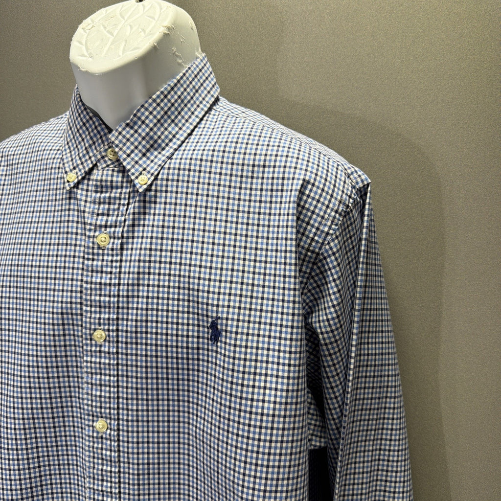Ralph Lauren Polo Button Up Shirt Mens Blue XL Gingham Long Sleeve Cotton Spot