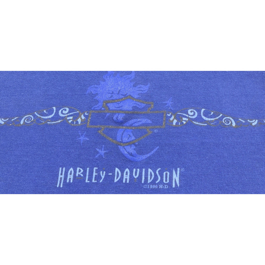 Vintage 1996 Harley Davidson Tank Top Blue Womens M Sun Stars Moon Fort Myers FL