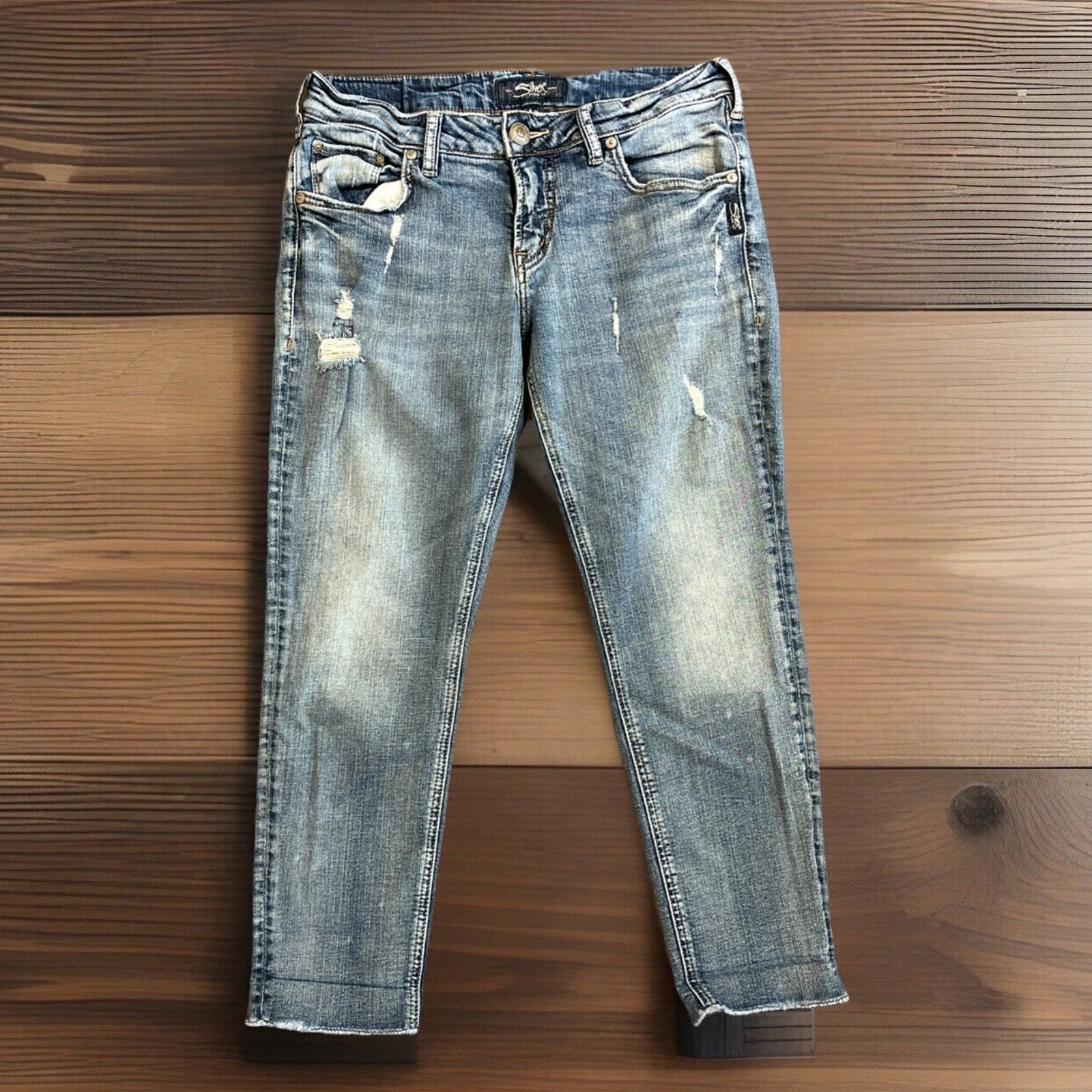 Silver Jeans Sam Raw Hem Cropped Medium Wash Fading Size 29x25