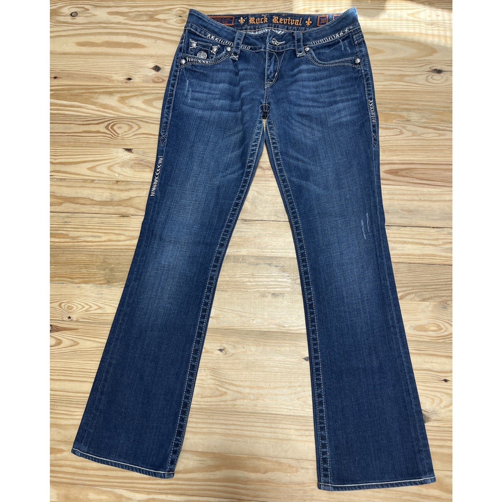 Rock Revival Celine Boot Cut Jeans Flap pockets Distressed Sz 30