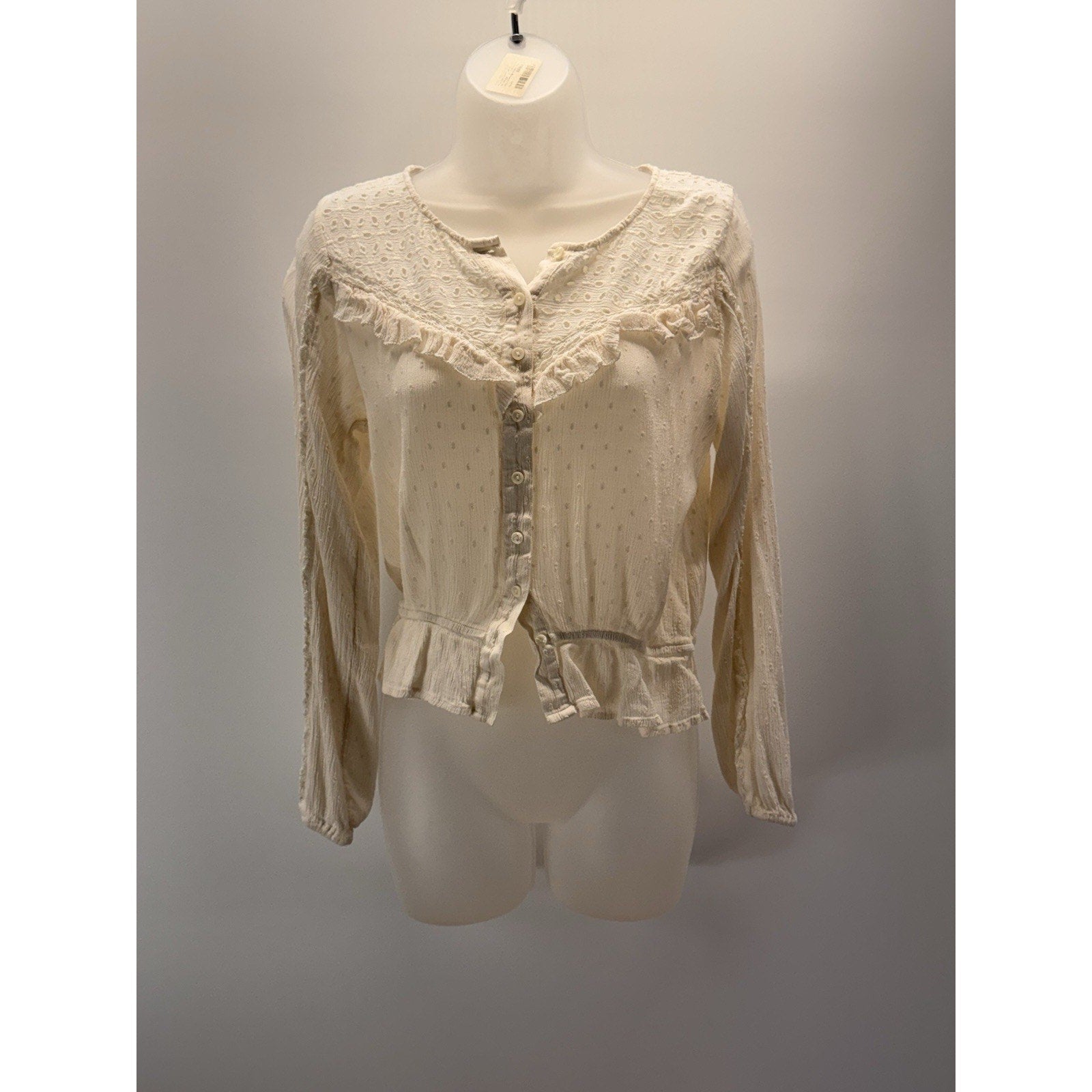 American Eagle Women’s Small Shirt Blouse Top Button Embroidered Cream Ruffle