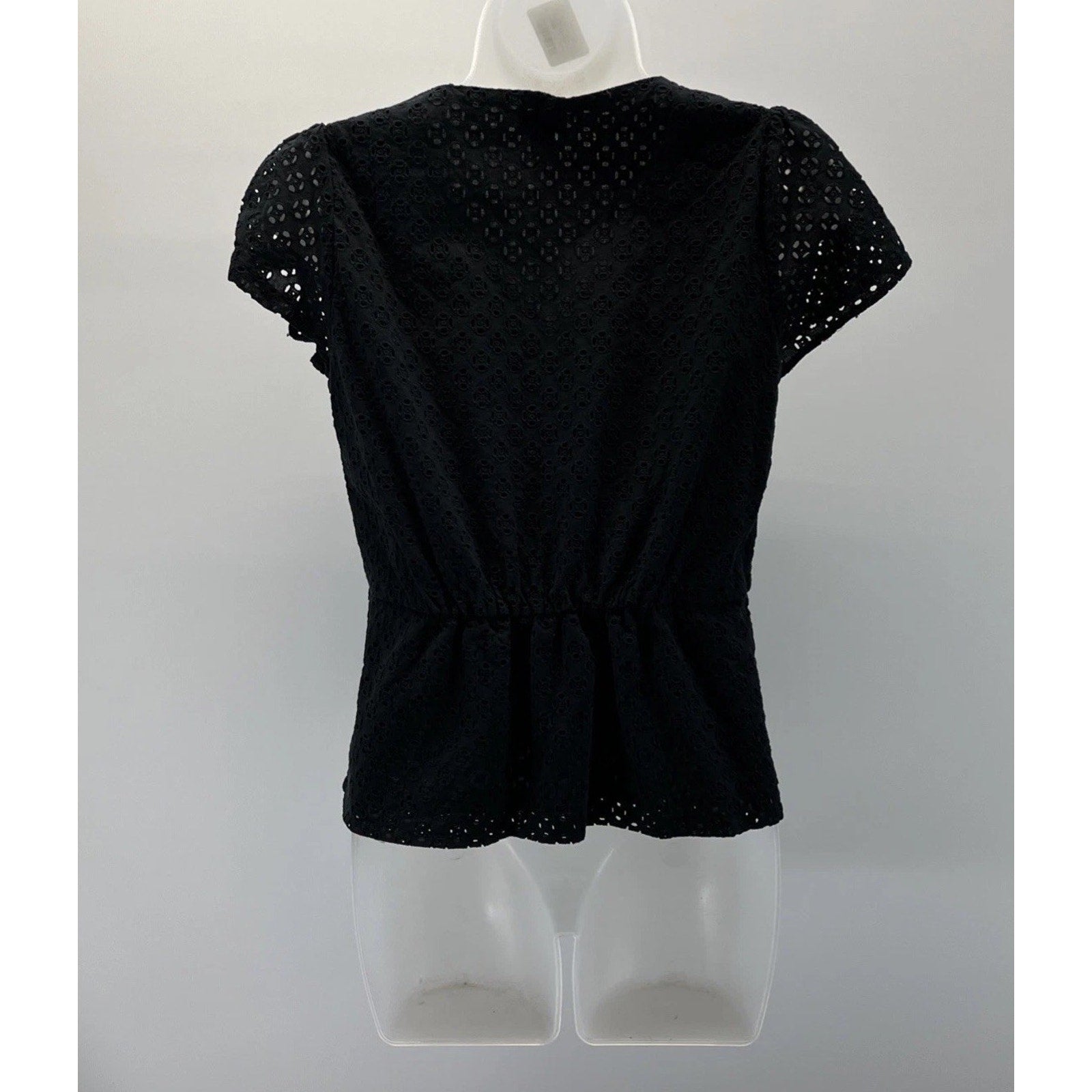 J. Crew Woman's Black Eyelet Button Front Short Sleeve Peplum Top Size 2