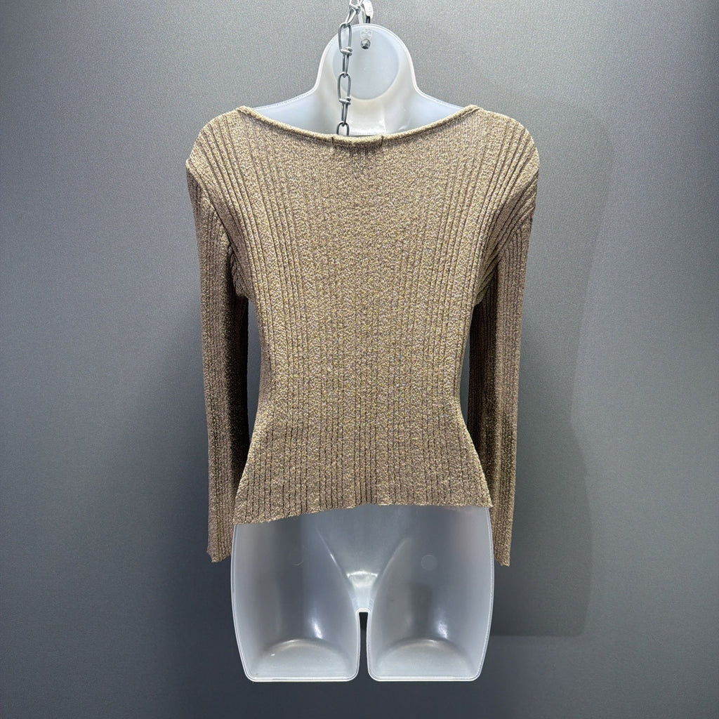 Vtg Copper Key Metallic Gold Long Sleeve Top Ribbed Fitted Size M Nylon Made USA