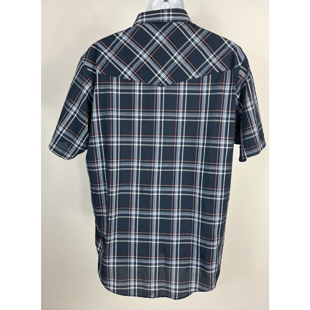 Plaid Western Shirt Short Sleeve Ely Cattleman Pearl Snap Blue Red Shirt Sz L
