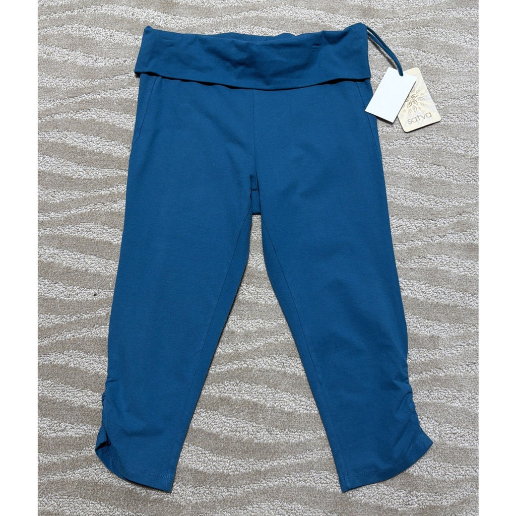Satva High Rise Yoga Pants Women's L Blue Athletic Wear Stretch NWT Organic Cott