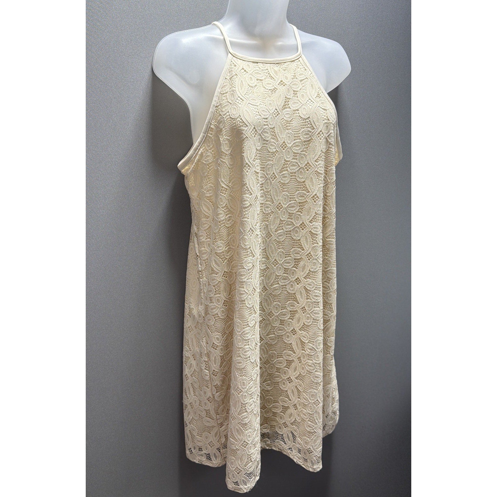 Love Fire Ivory Lace Halter Shift Dress Womens L Sleeveless Lined Boho Mini