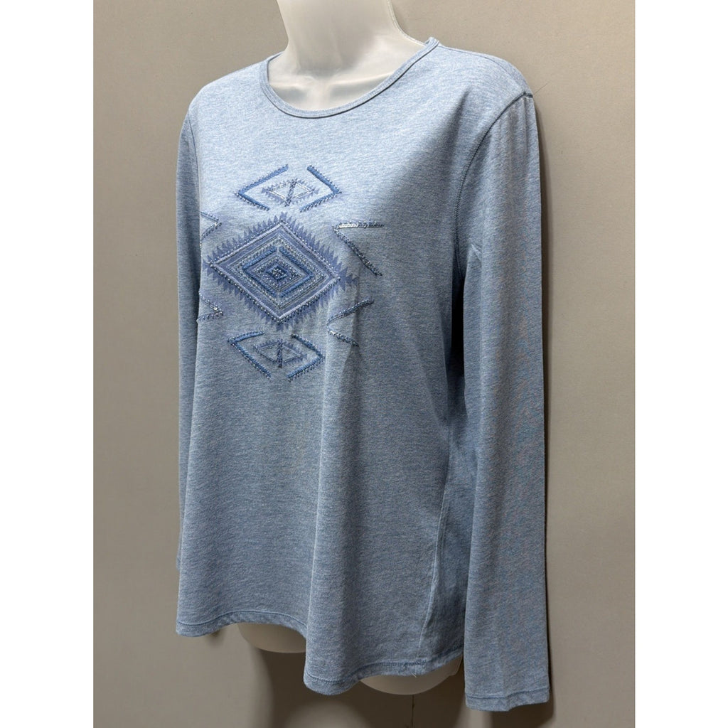 Lauren Ralph Lauren Embroidered Beaded Aztec Long Sleeve Top Blue Size Large