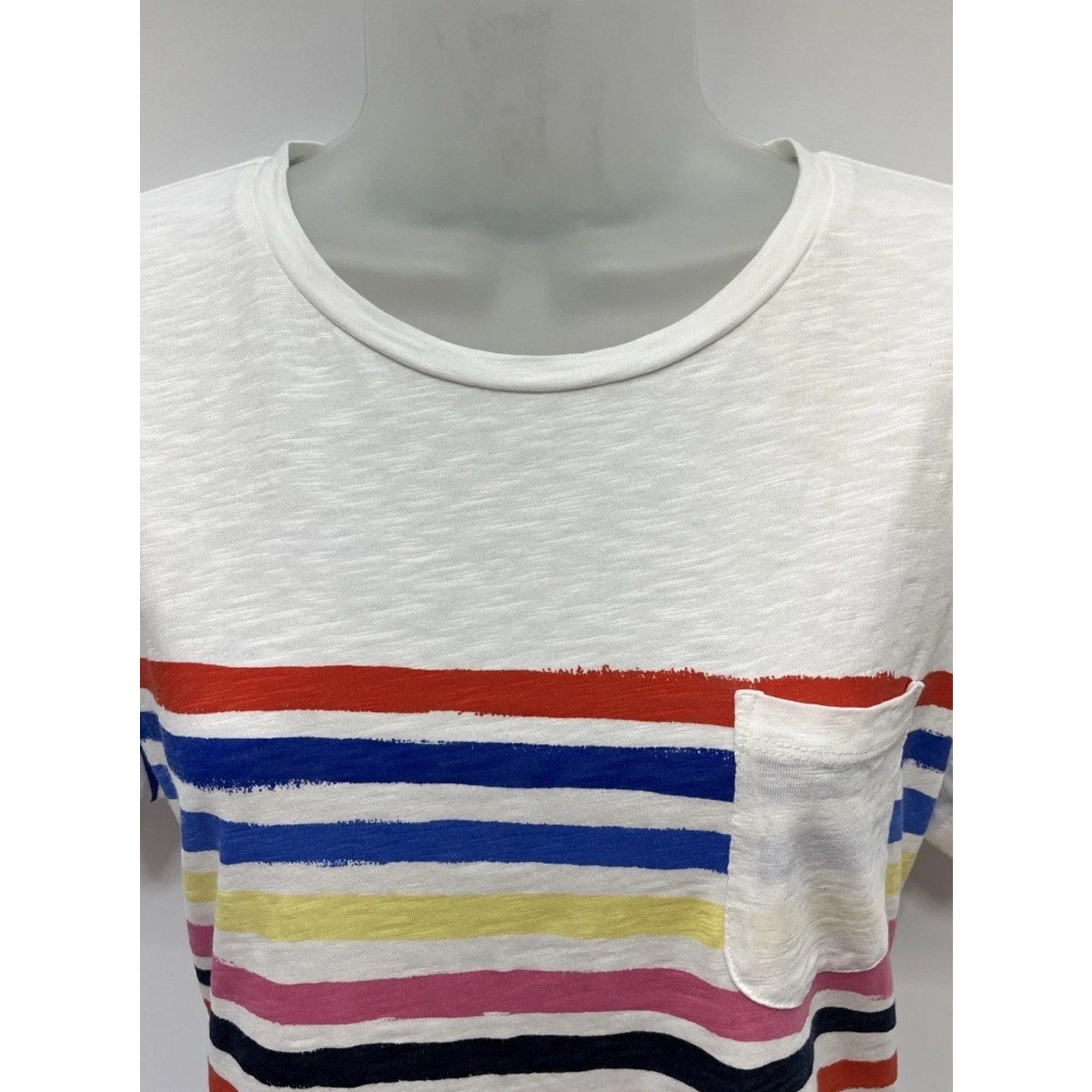 TALBOTS Woman SZ LP White 100% Cotton Multi Color Stripe Short Sleeve
