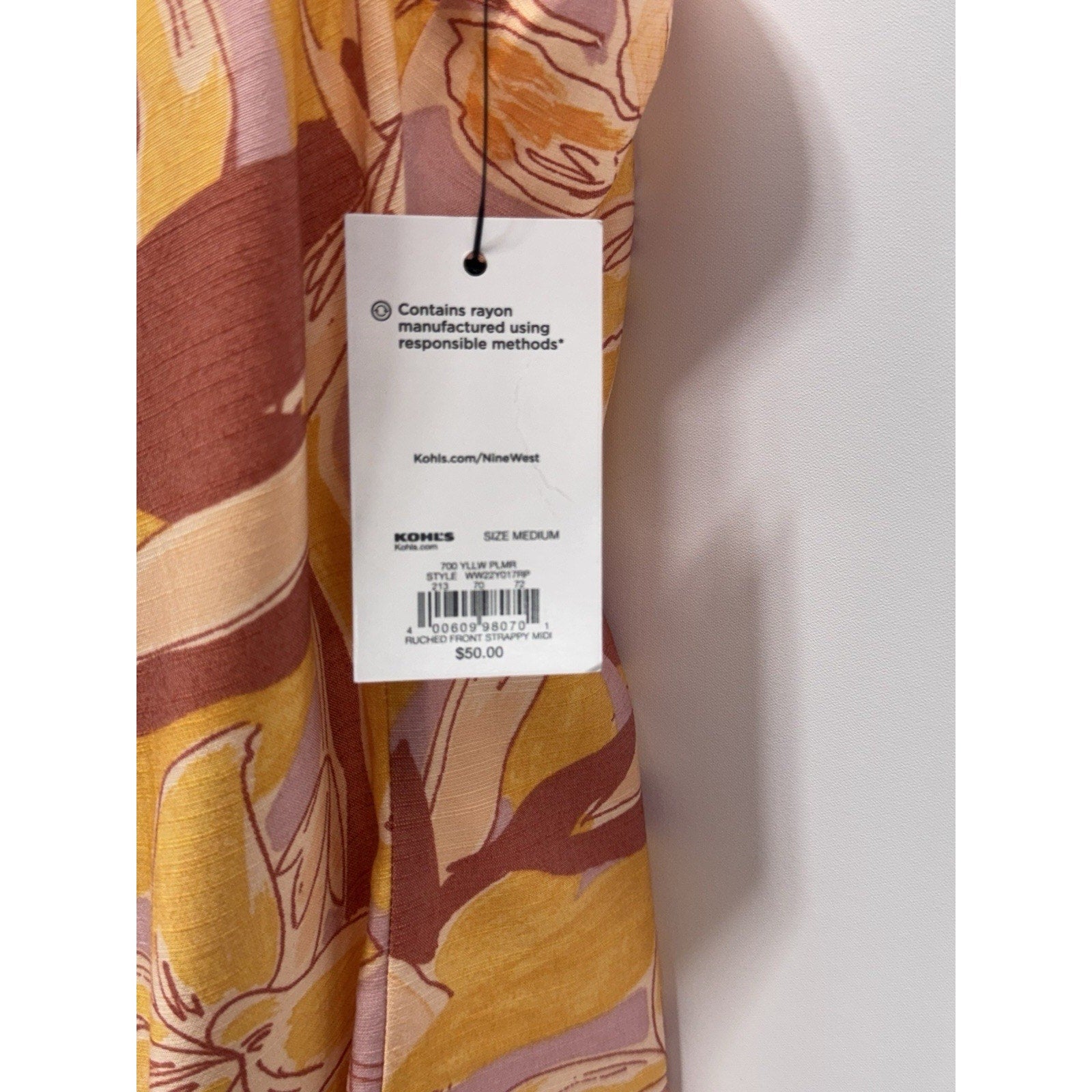 Nine West Strappy Ruched Midi Yellow Floral Summer Dress Women’s Size Medium NWT