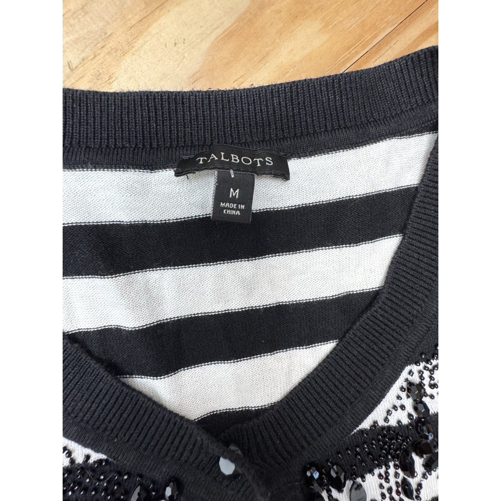Talbots Classic Cardigan Sweater Black White Stripe Embroidered Beaded Women’s M