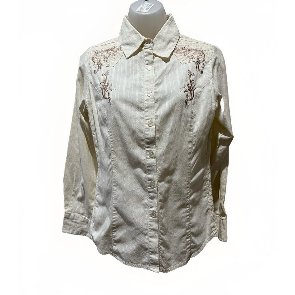 Reba Western Women’s S Beige Trucker Button Up Denim Embellished Collared