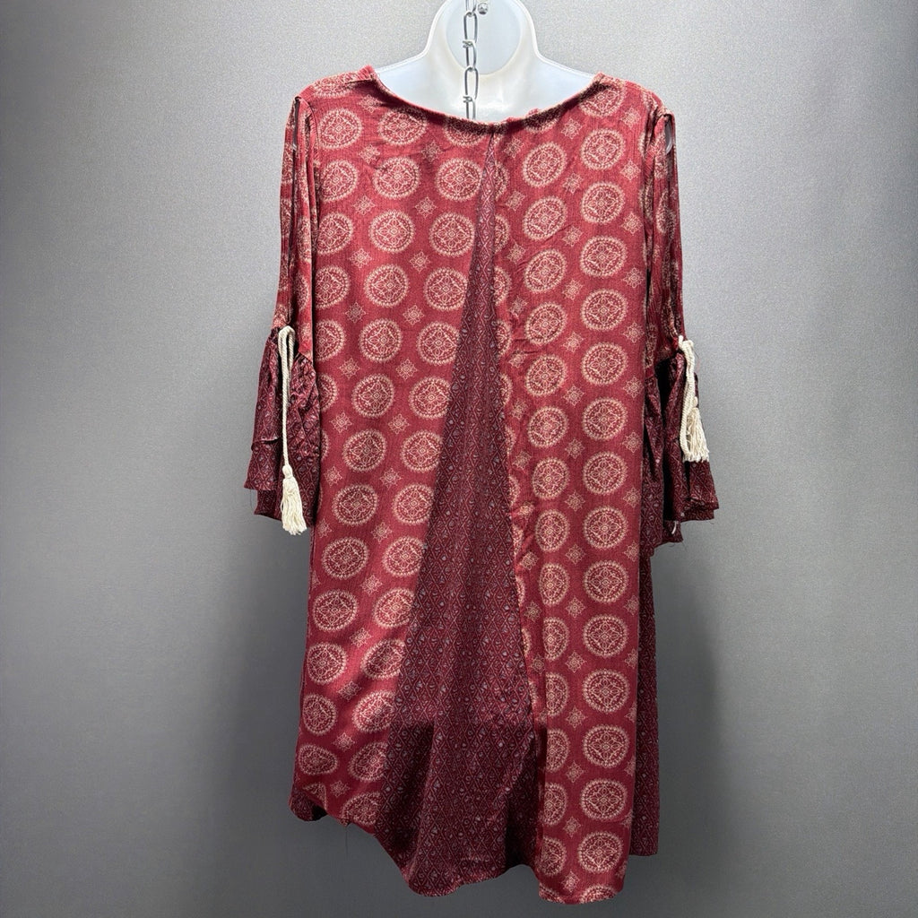 Easel Womens M Burgundy Boho Swing Tunic Dress Bell Sleeve Tassel Peasant