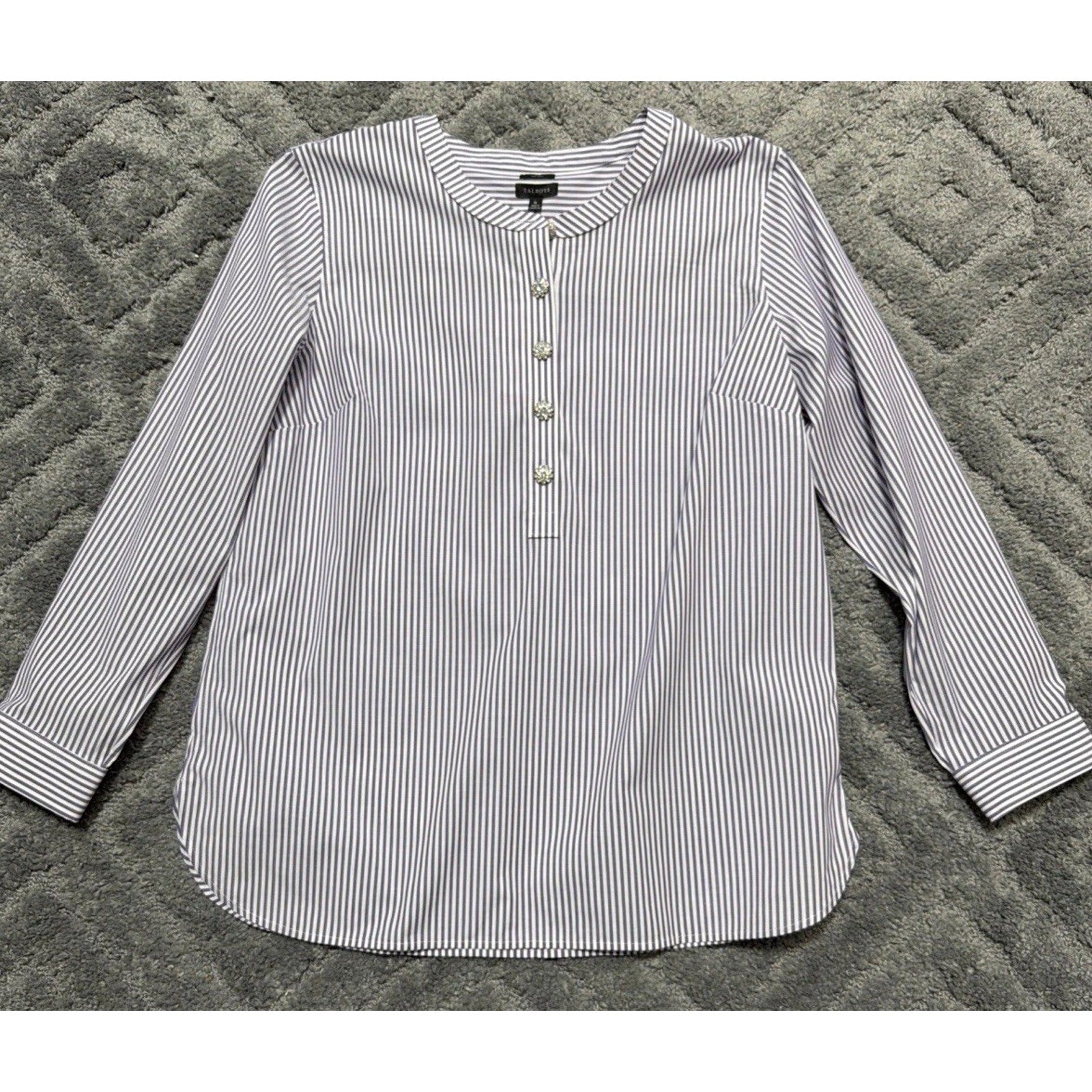 TALBOTS Non Iron Band Collar Tunic XL Dreamy Striped Embellished Button New