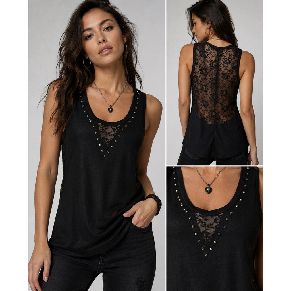 NWT Gold N Glam Black Studded Lace Tank Top Womens Small