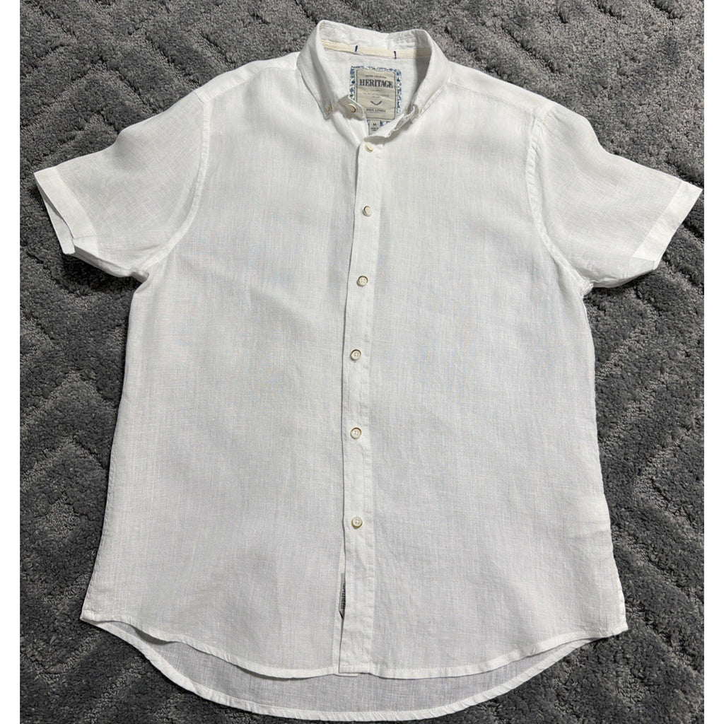 HERITAGE Shirt Mens Medium Bright White Button Up Short Sleeve 100% Linen