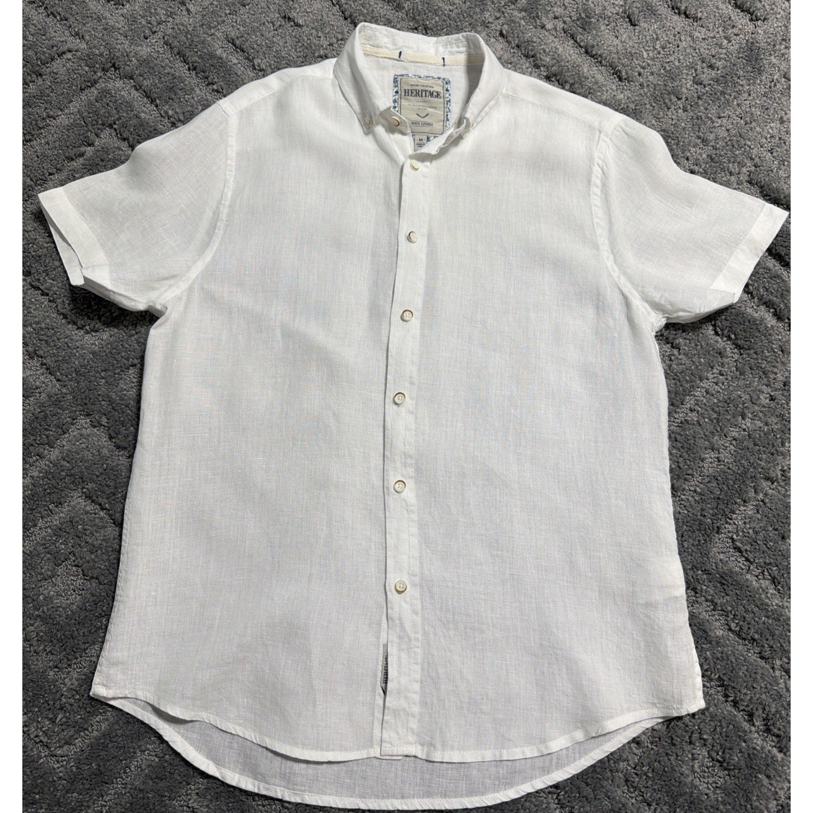 HERITAGE Shirt Mens Medium Bright White Button Up Short Sleeve 100% Linen