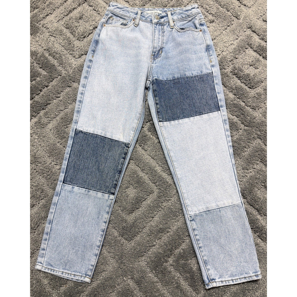 PACSUN Mom Jeans Womens 23 Blue Patchwork Cotton Straight Leg 2 Tone 26" inseam