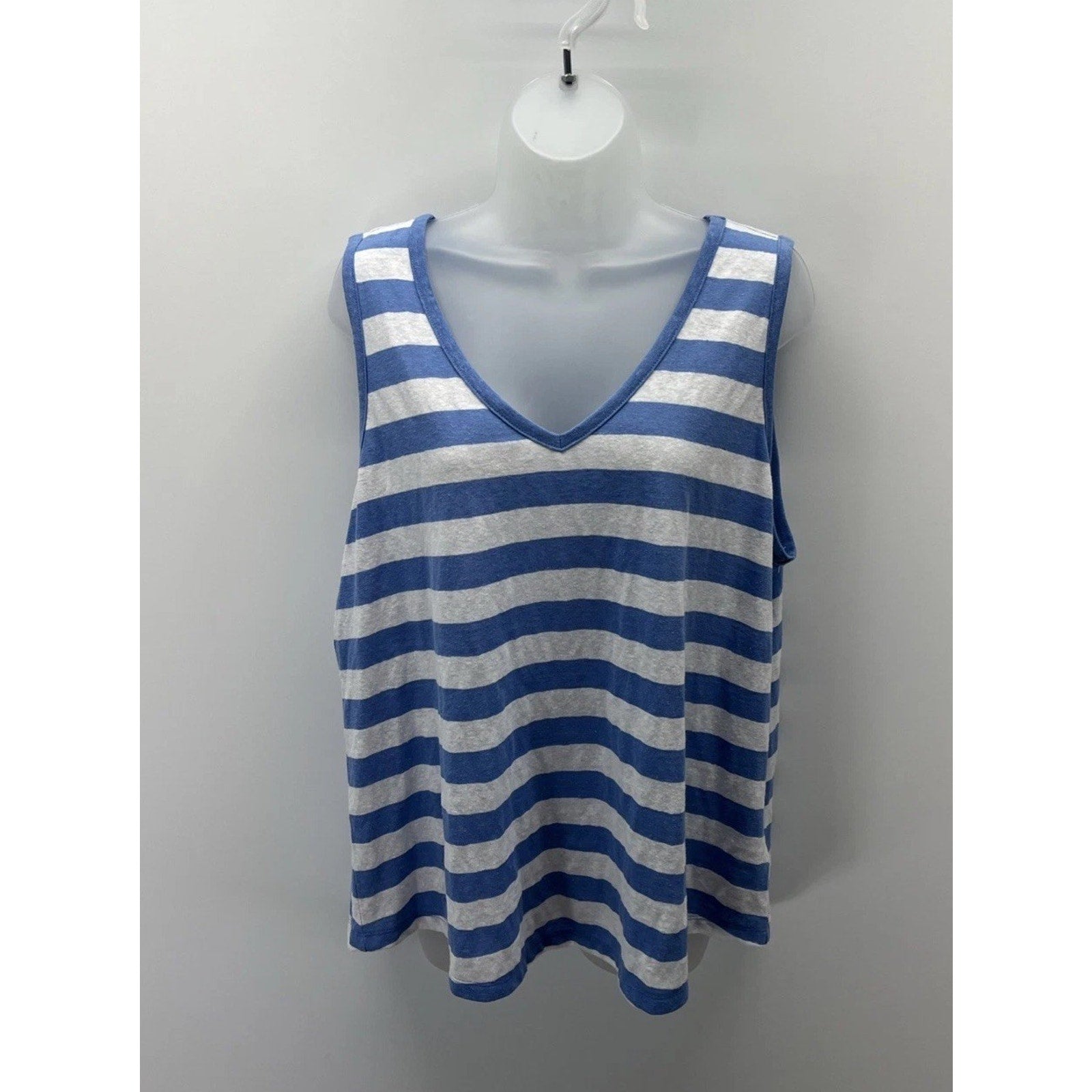 Talbots Tank Top Women 2XP Green Stripe Linen Blend V Neck Casual Beach