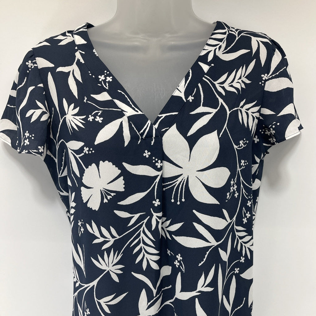 Loft Top Size Small Blue White Floral V-Neck Short Sleeve Blouse