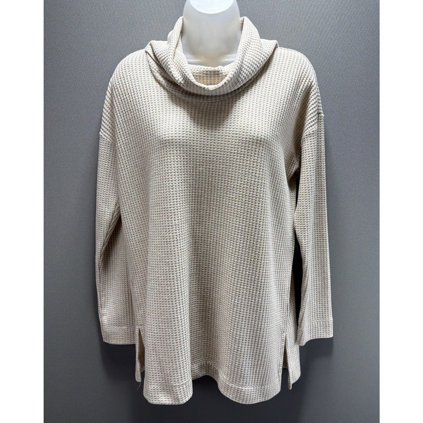Ann Taylor loft cream And Gold Metallic Oversized waffle cowl neck shirt size S