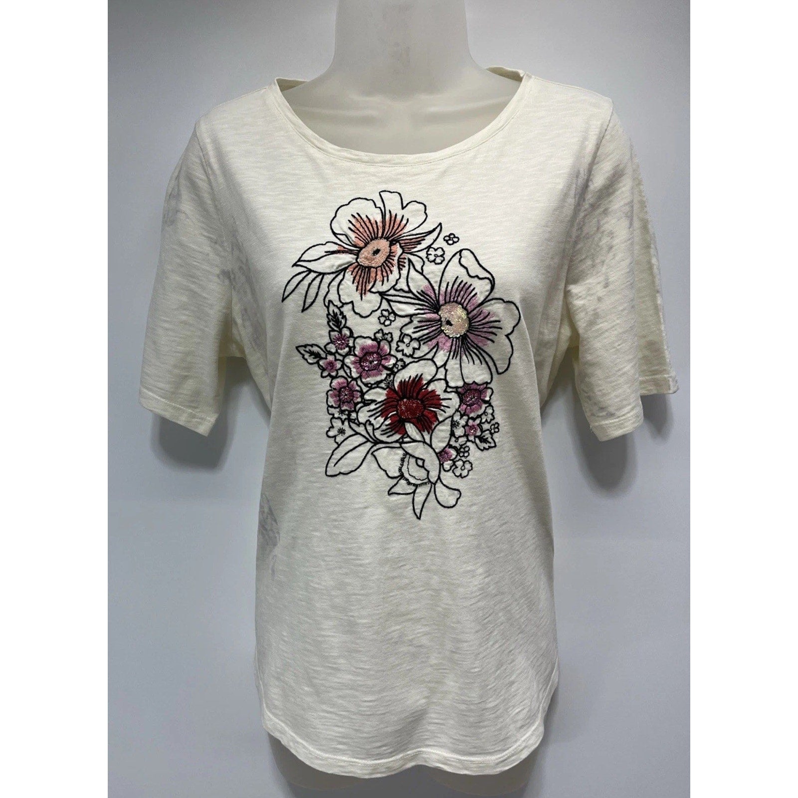 Talbots Eggshell T Shirt Large Petite With Sequin Flowers Women’s