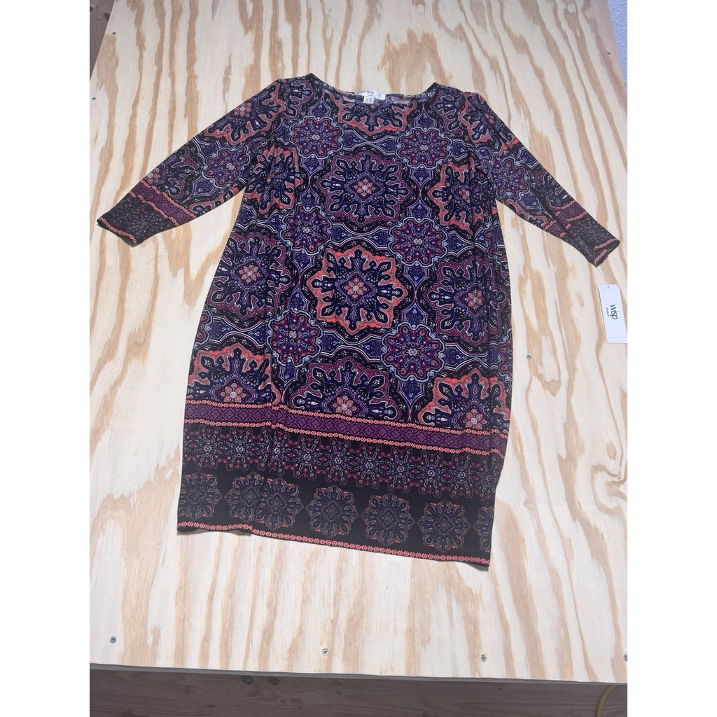Wisp Women's 14W Dress Boho Mandalas Stretchy Black Orange Festival Purple NWT