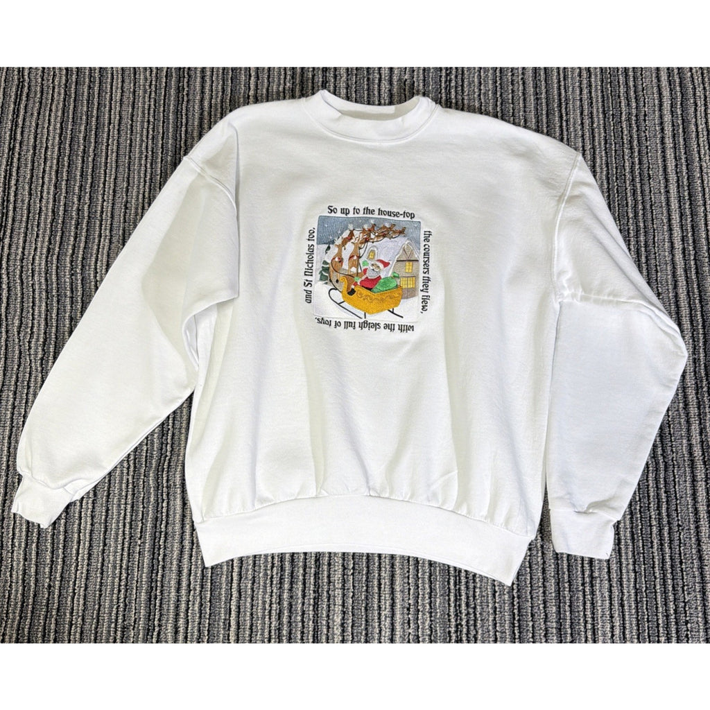 Vintage Christmas Soft Fleece Sweatshirt Adult Large White Embroidered Hanes