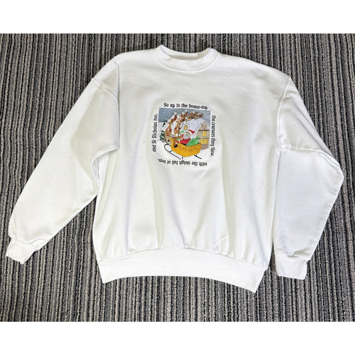 Vintage Christmas Soft Fleece Sweatshirt Adult Large White Embroidered Hanes
