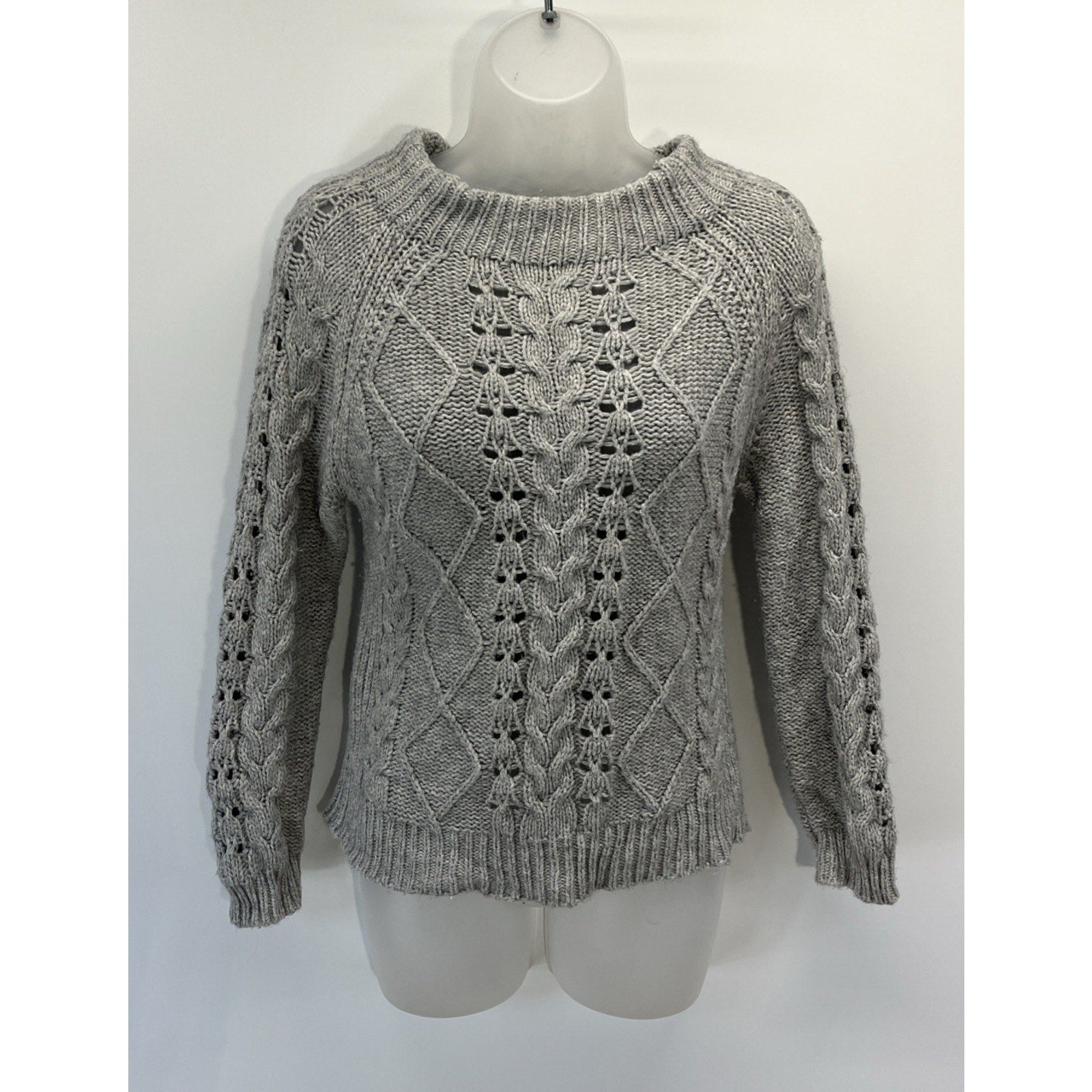 J Crew Sweater Womens XS Gray Cable Knit Merino Wool Blend Preppy