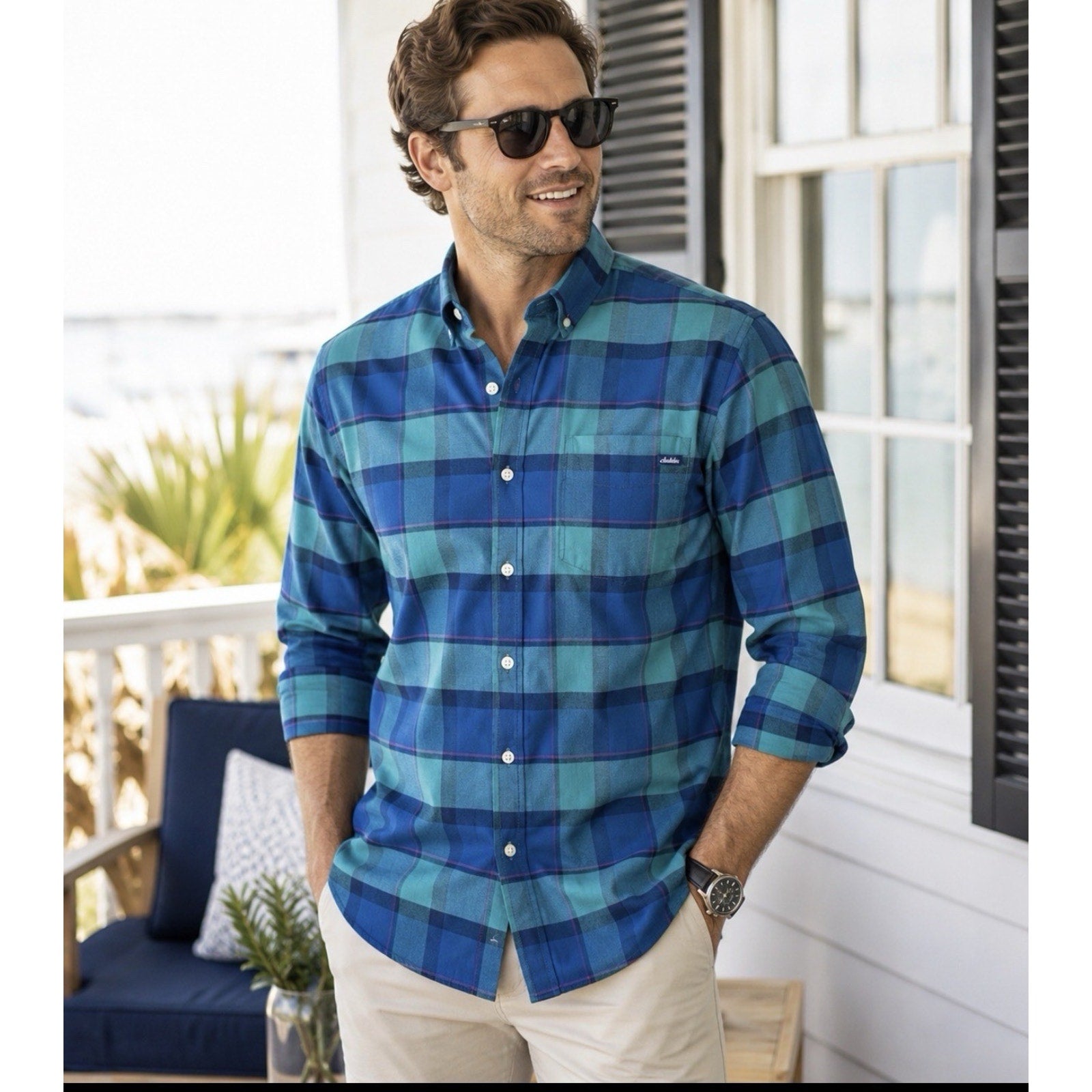 Chubbies Mens XL Blue Teal Plaid Button Down Long Sleeve Shirt Cotton Casual EUC
