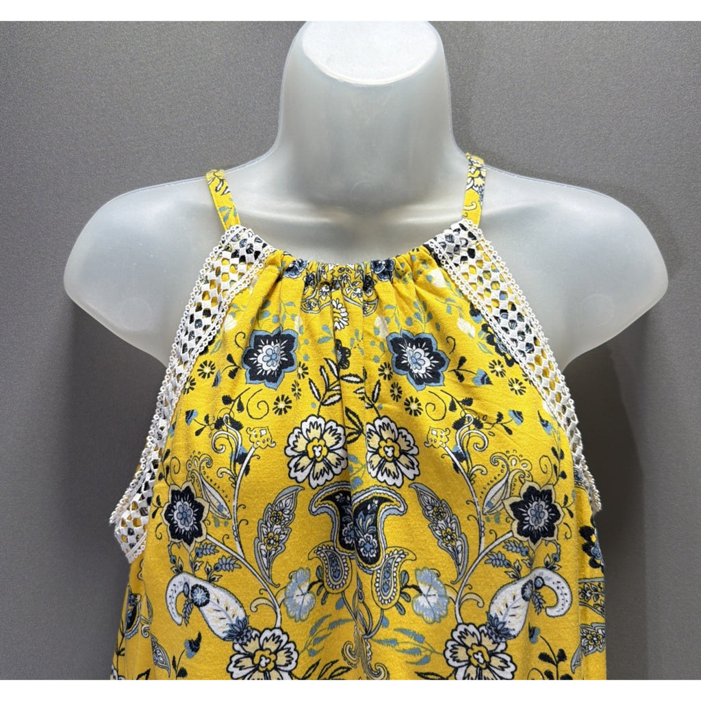 Cato Womens Medium Boho Crochet Neck Tank Top Yellow Blue Paisley