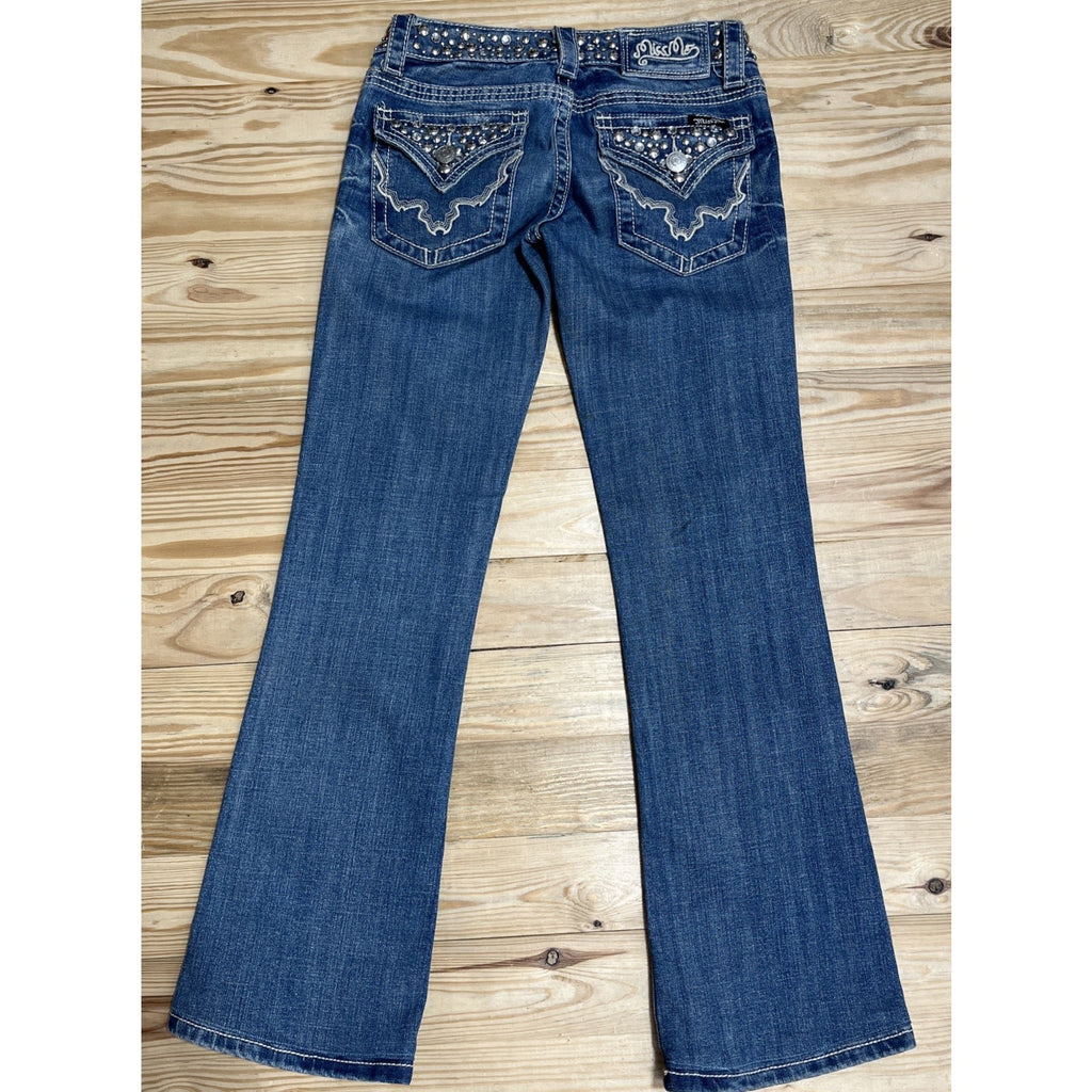 Miss Me Low Rise Bootcut women's jeans, size 26, embellished medium wash blue