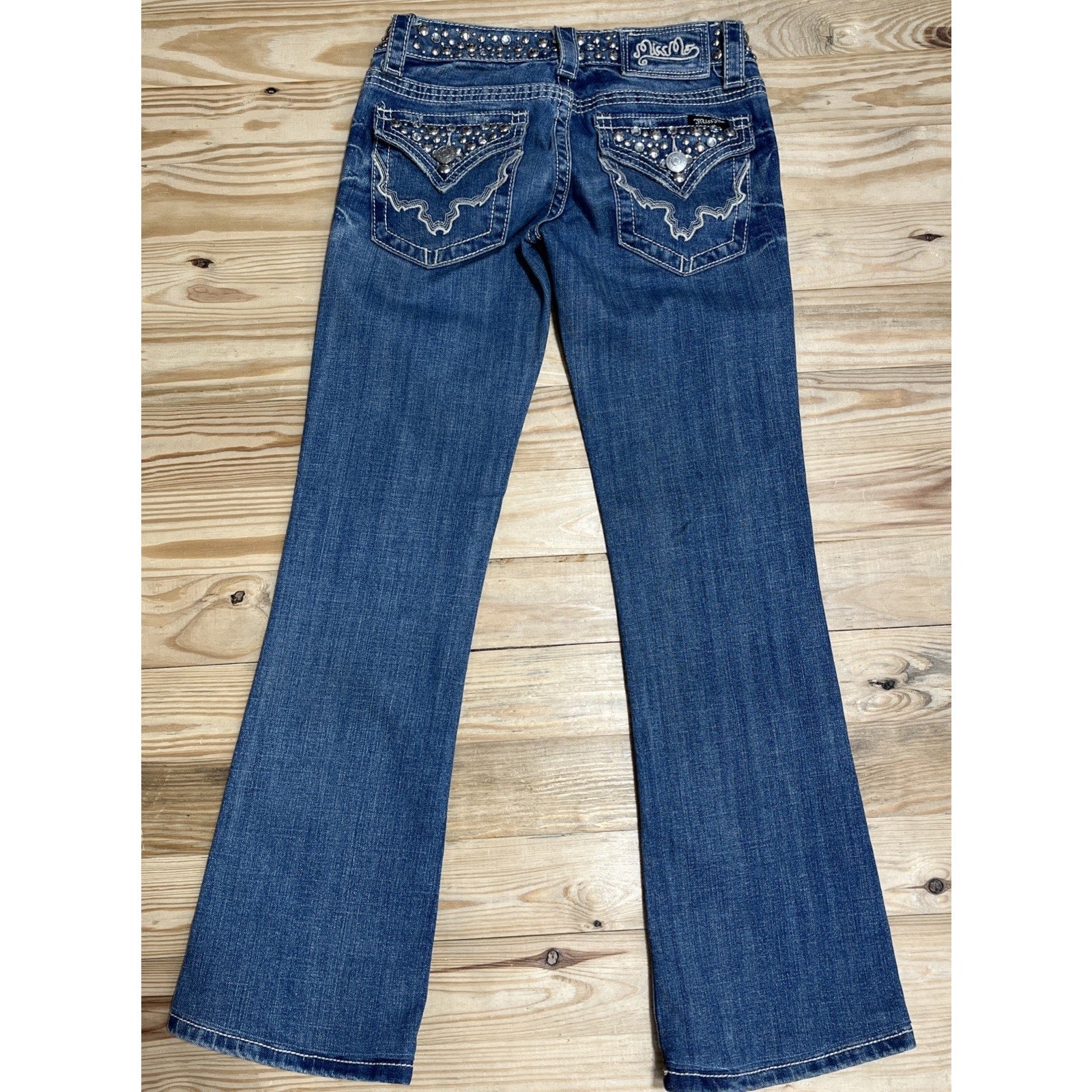 Miss Me Low Rise Bootcut women's jeans, size 26, embellished medium wash blue