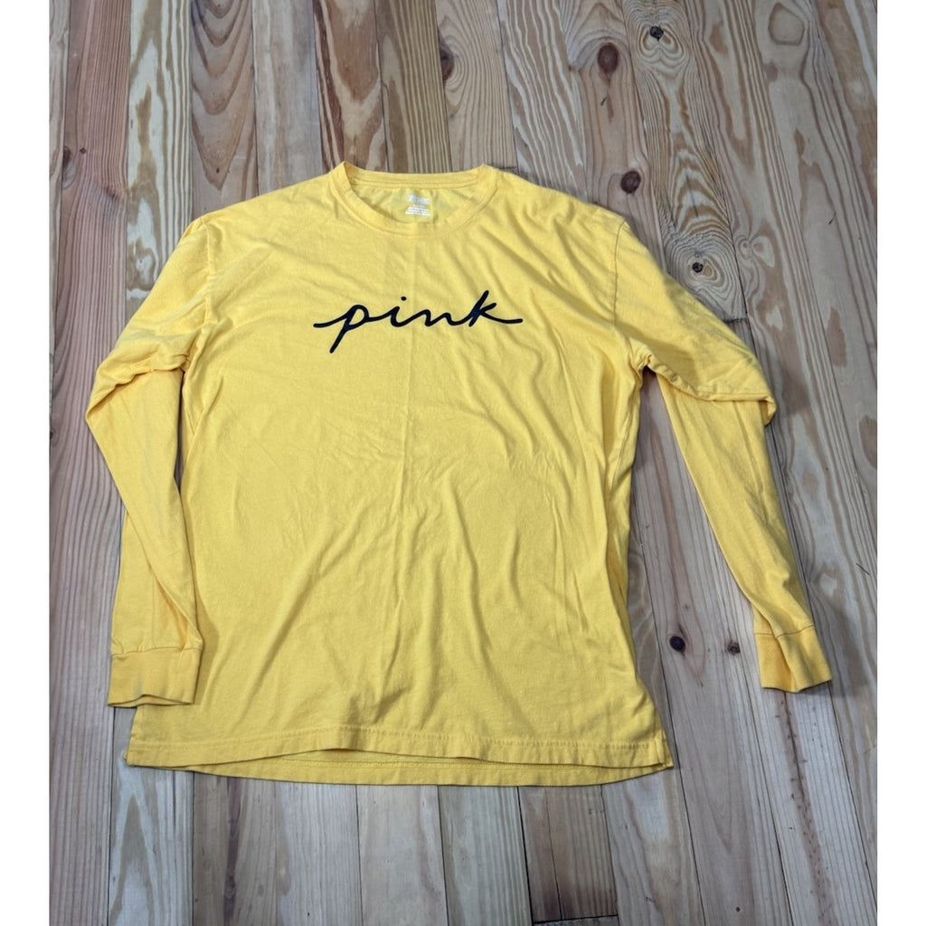 Pink Women's Long Sleeve Yellow Pull Over "PINK" Shirt Size Medium EUC