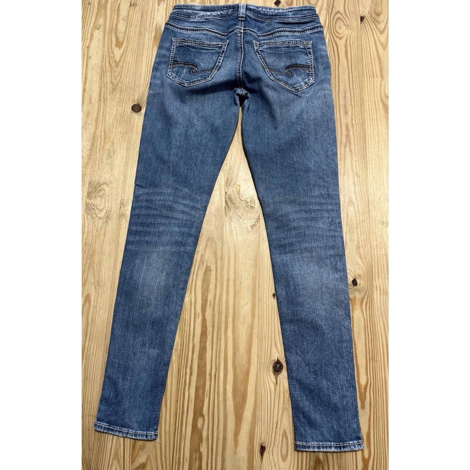 Silver Girlfriend Jeans Womens 27/29 Blue Super Stretch Distressed Denim