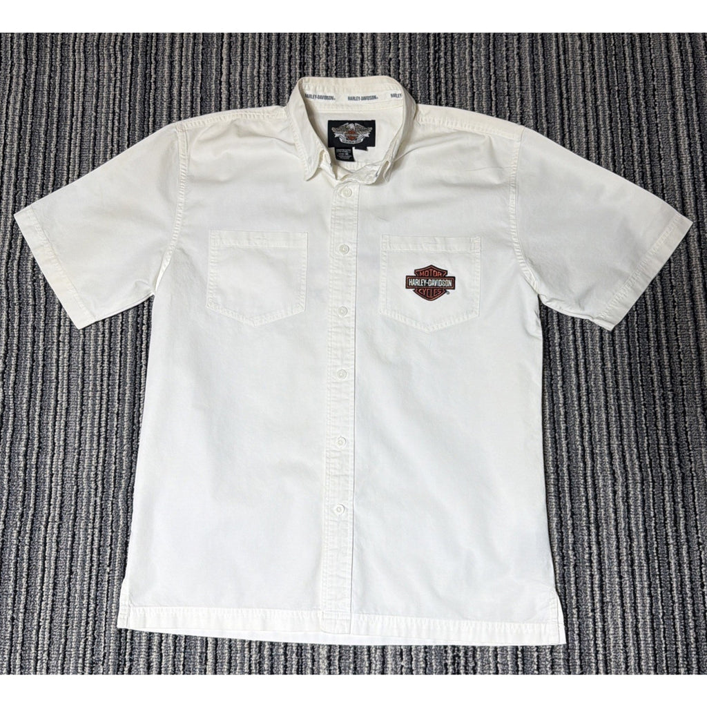 Harley Davidson M White Buttoned Embroidered Logo Flames Button Up Shirt