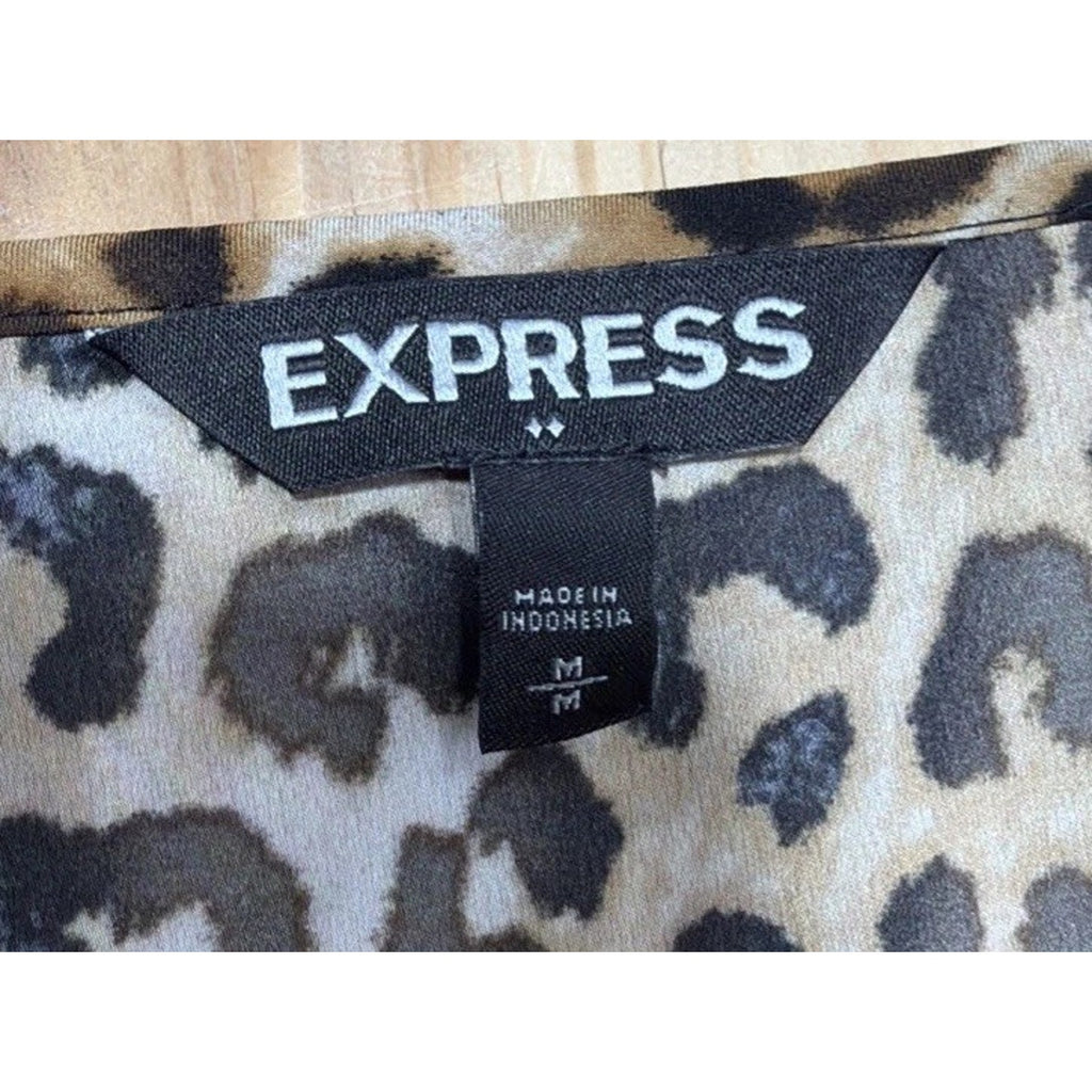 Express Shirt Women M Brown Cheetah Print Short Sleeve V Neck Blouse Stretch