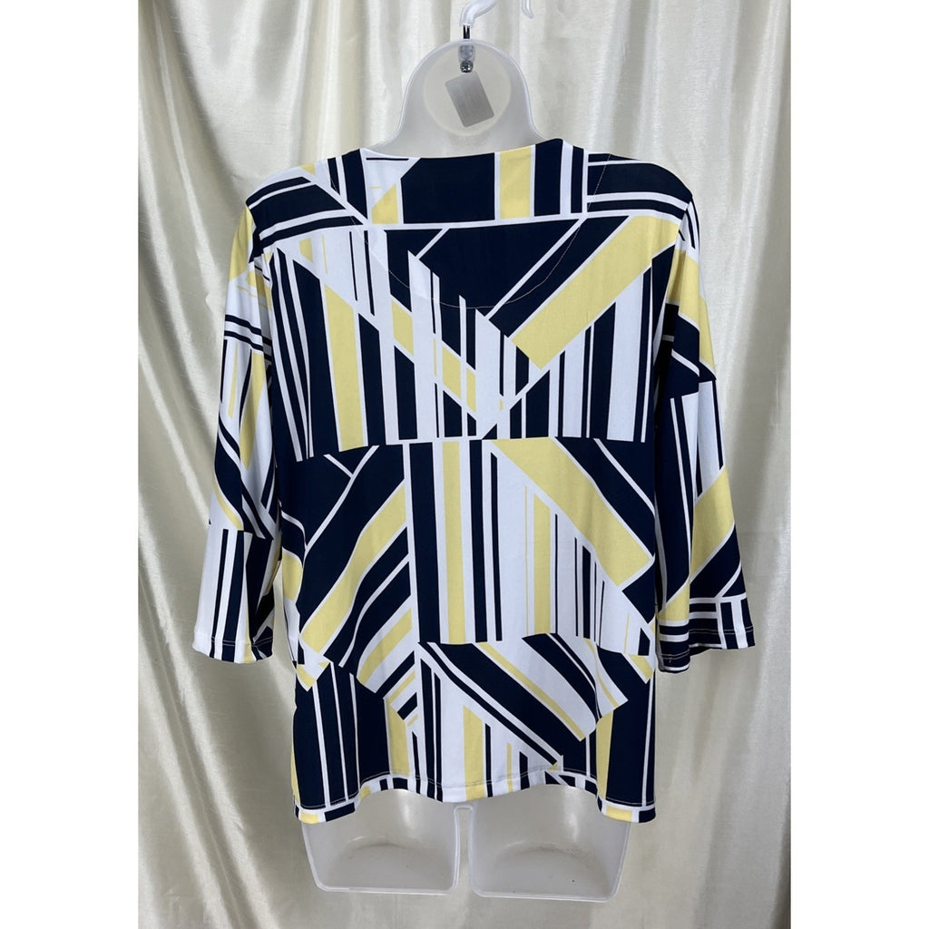 Alfred Dunner Women’s Blue and Yellow Triangle Striped Design V Neck Lace 3/4 PS