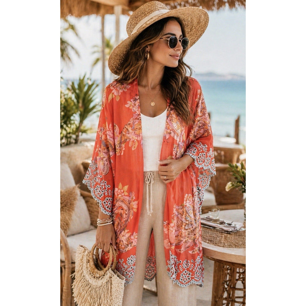 NWT Cato Floral Paisley Kimono Cardigan Cover Up Lace Trim Coral Orange Boho L