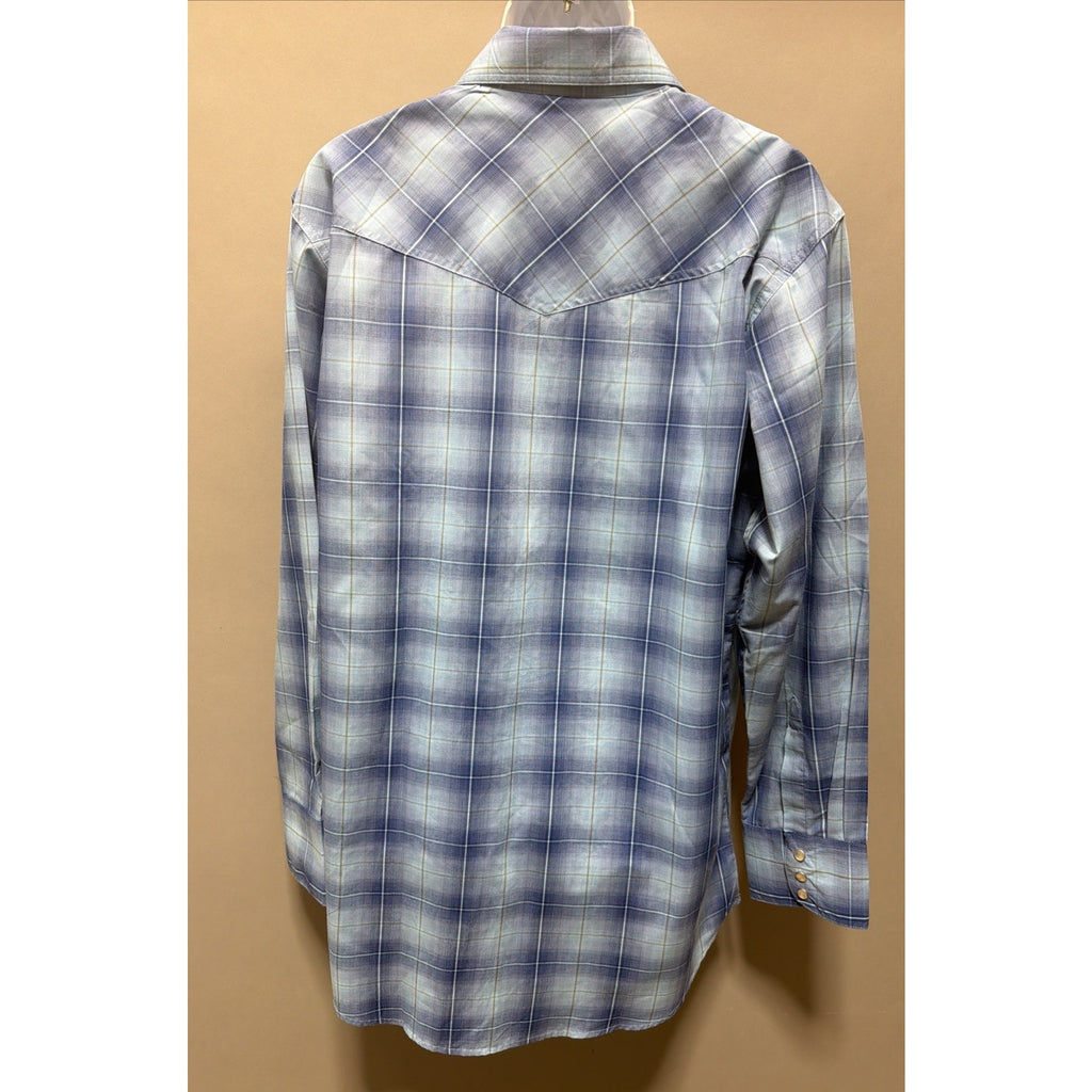 High Noon Western Shirt Mens Large Tall Blue Plaid Pearl Snap Long Sleeve