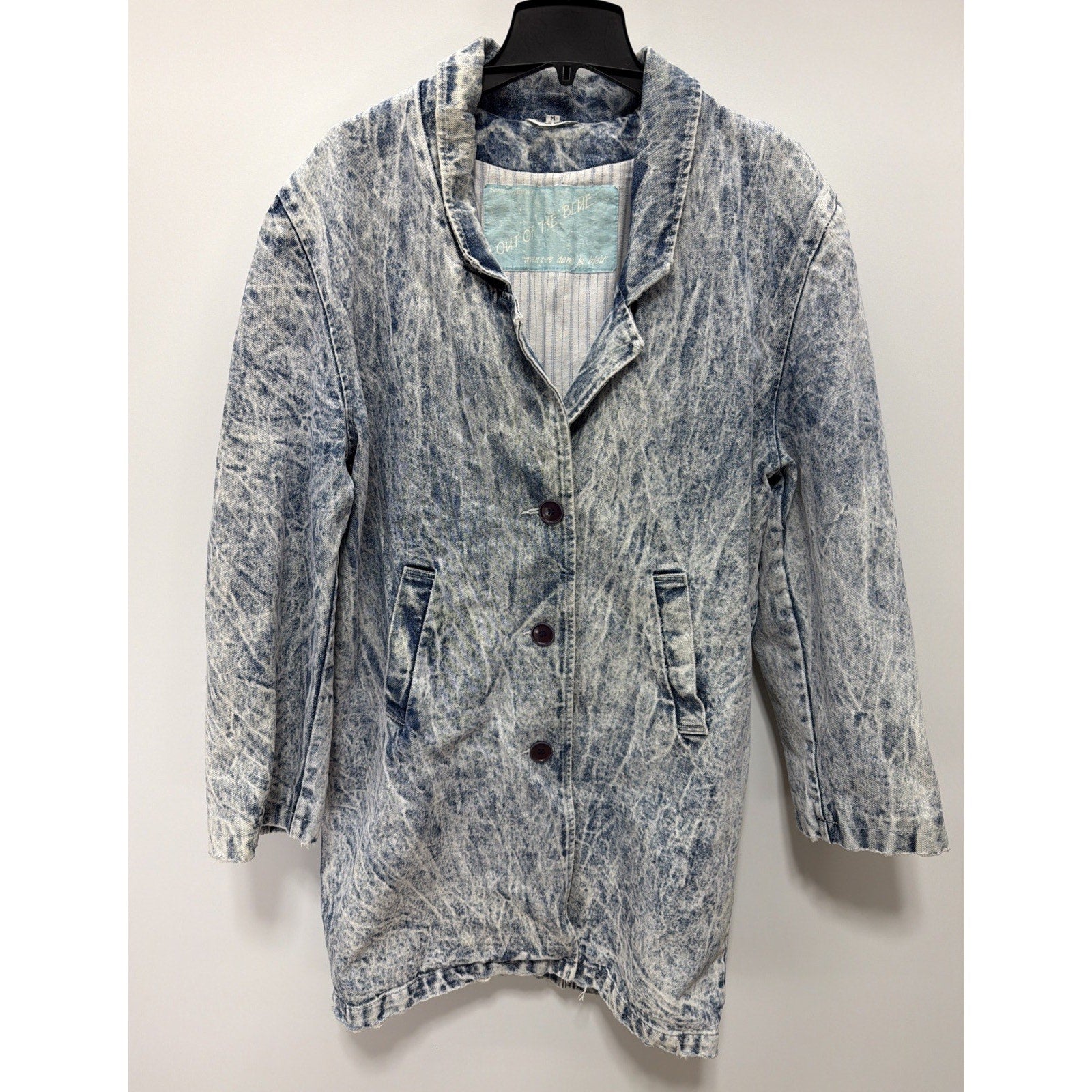 Vtg Out Of The Blue Retro 80s 90s Acid Stone Wash Denim Duster Trench Coat M
