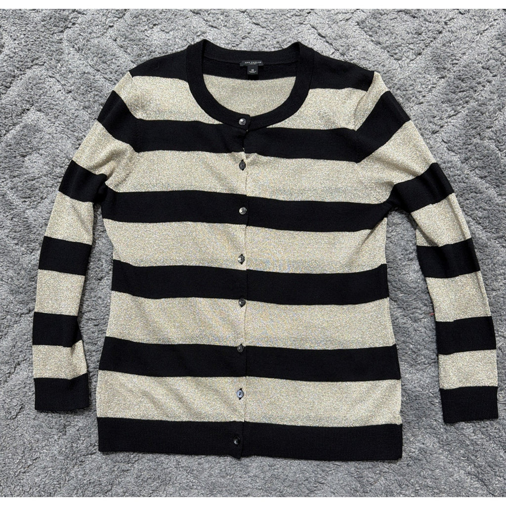 Ann Taylor Extra Fine Merino Wool Metallic Cardigan Black & Gold Stripes Size M