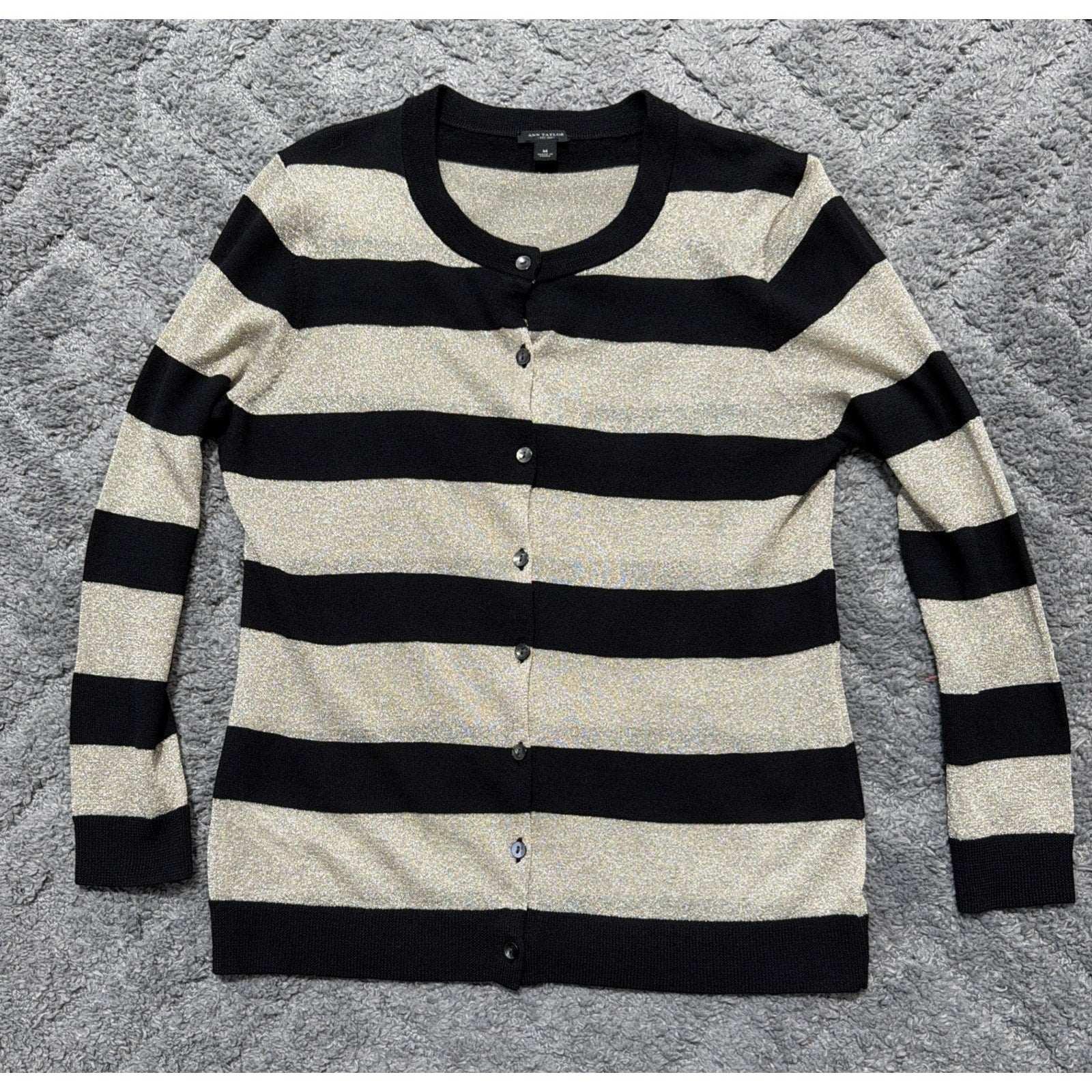Ann Taylor Extra Fine Merino Wool Metallic Cardigan Black & Gold Stripes Size M