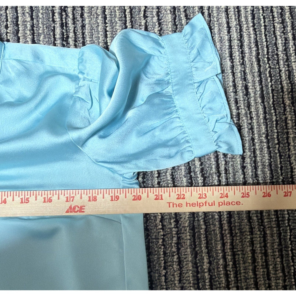 Ann Taylor Blue Satin Ruffle Button Short Sleeve Blouse Size XS