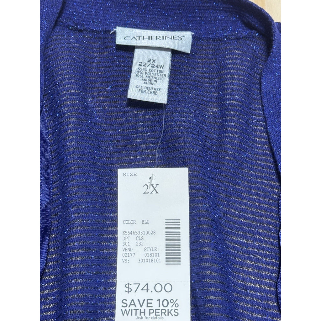 Catherines 2X 22/24W Blue Metallic Open Front Cardigan Lightweight Drape Travel