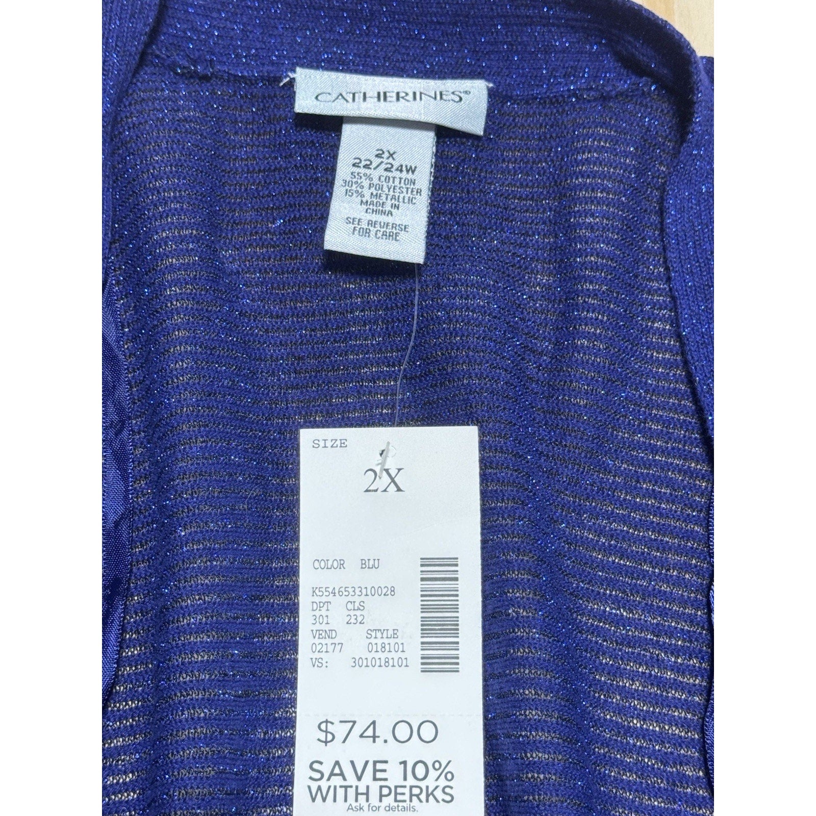 Catherines 2X 22/24W Blue Metallic Open Front Cardigan Lightweight Drape Travel
